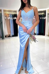 Fashionable Long Sky Blue Mermaid Spaghetti Straps Lace Prom Evening Dresses with Slit